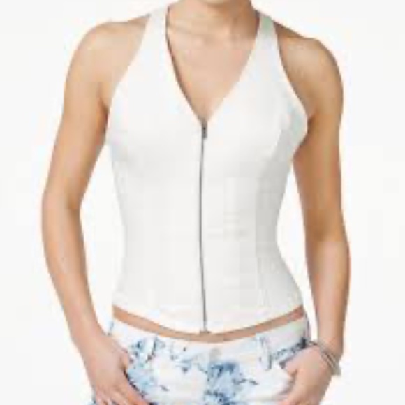 New GUESS Jeancare Zip-Up Racerback Corset Zip Up Crop Top White M - Picture 1 of 11